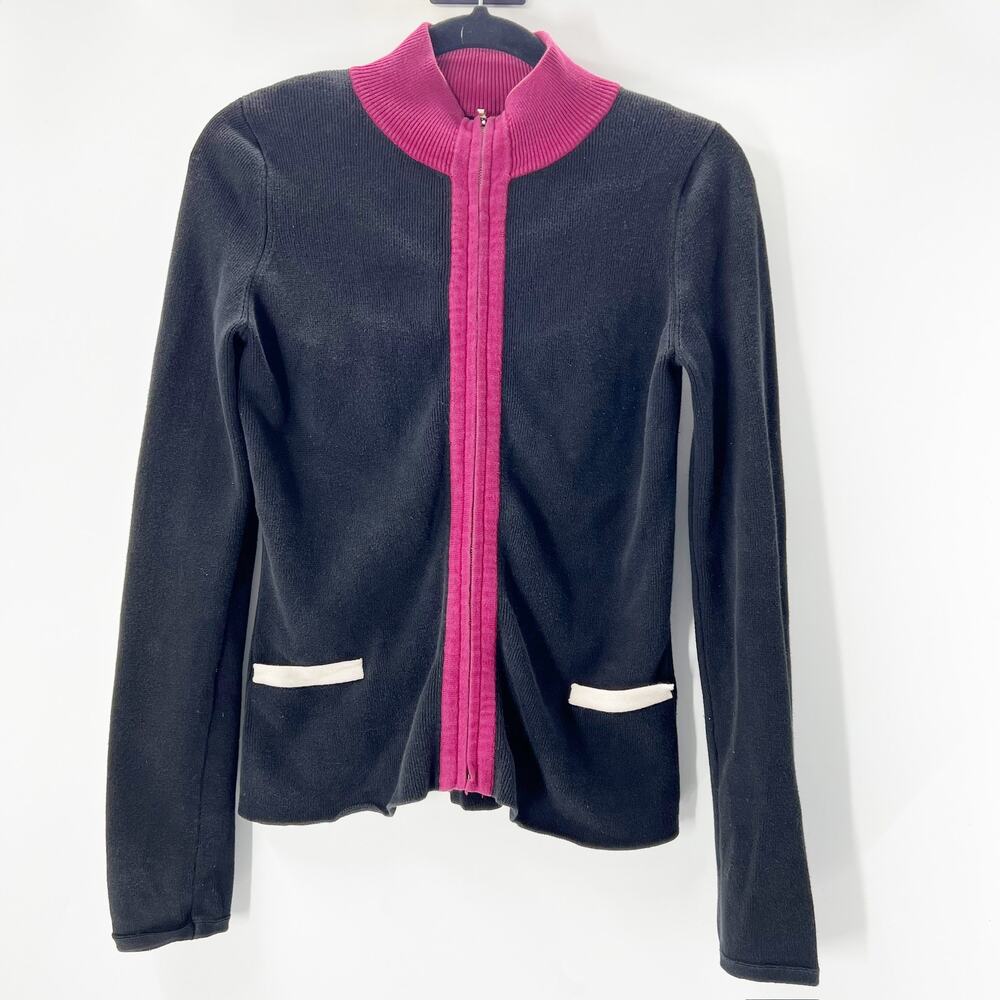 Anthropologie Moth Women's Black Pink Full Zip Mock Neck Sweater Top Size M